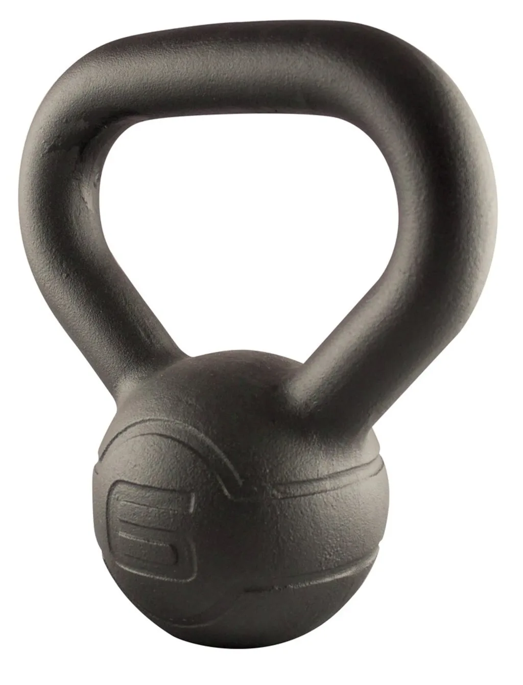 Cast iron kettlebell with a matte coating, one-piece construction and a wide triangular handle above the round bell.