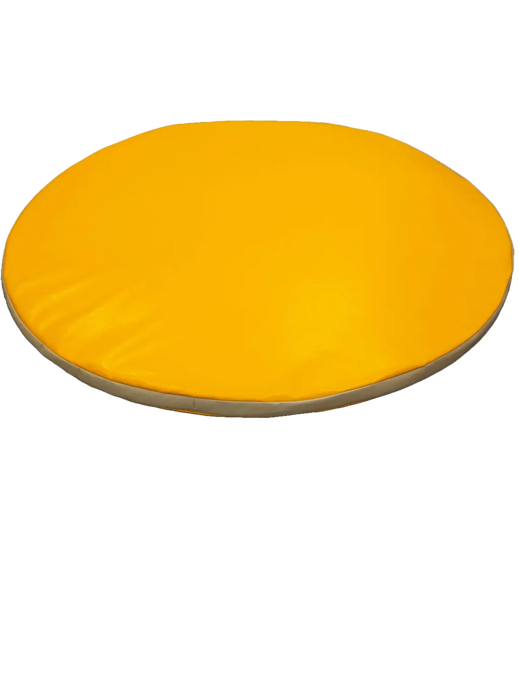 Round yellow baby play mat with beige side edge, mattress foam core and wipe-clean cover.