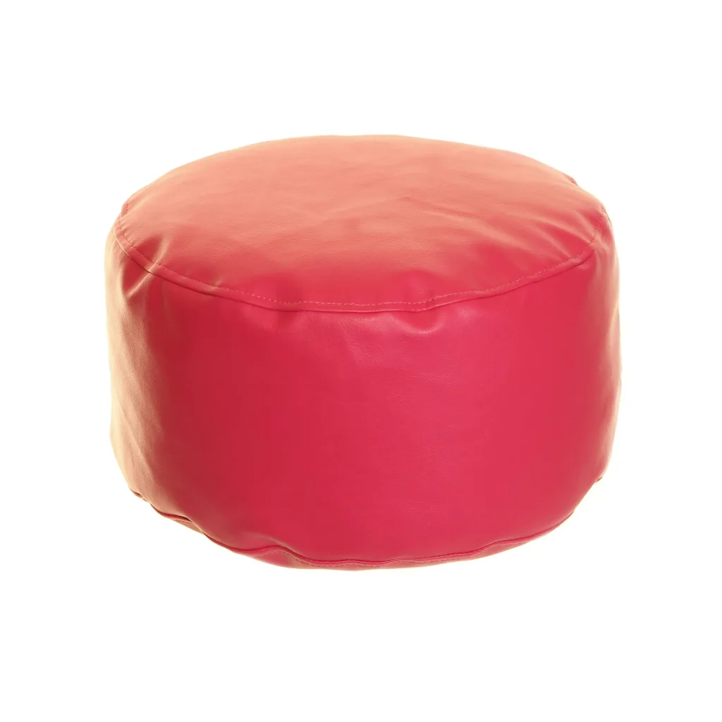 Round red faux-leather bean pod with a smooth top, visible stitched seam and slightly wrinkled cylindrical sides.