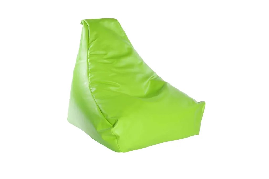 Child-sized faux leather bean bag chair in bright green with triangular back support and low sloped seat.