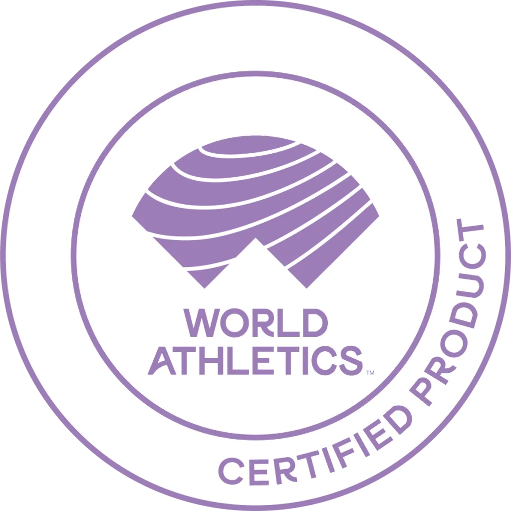 Purple circular certified product logo with stylized dome emblem and the text 'WORLD ATHLETICS' and 'CERTIFIED PRODUCT'.