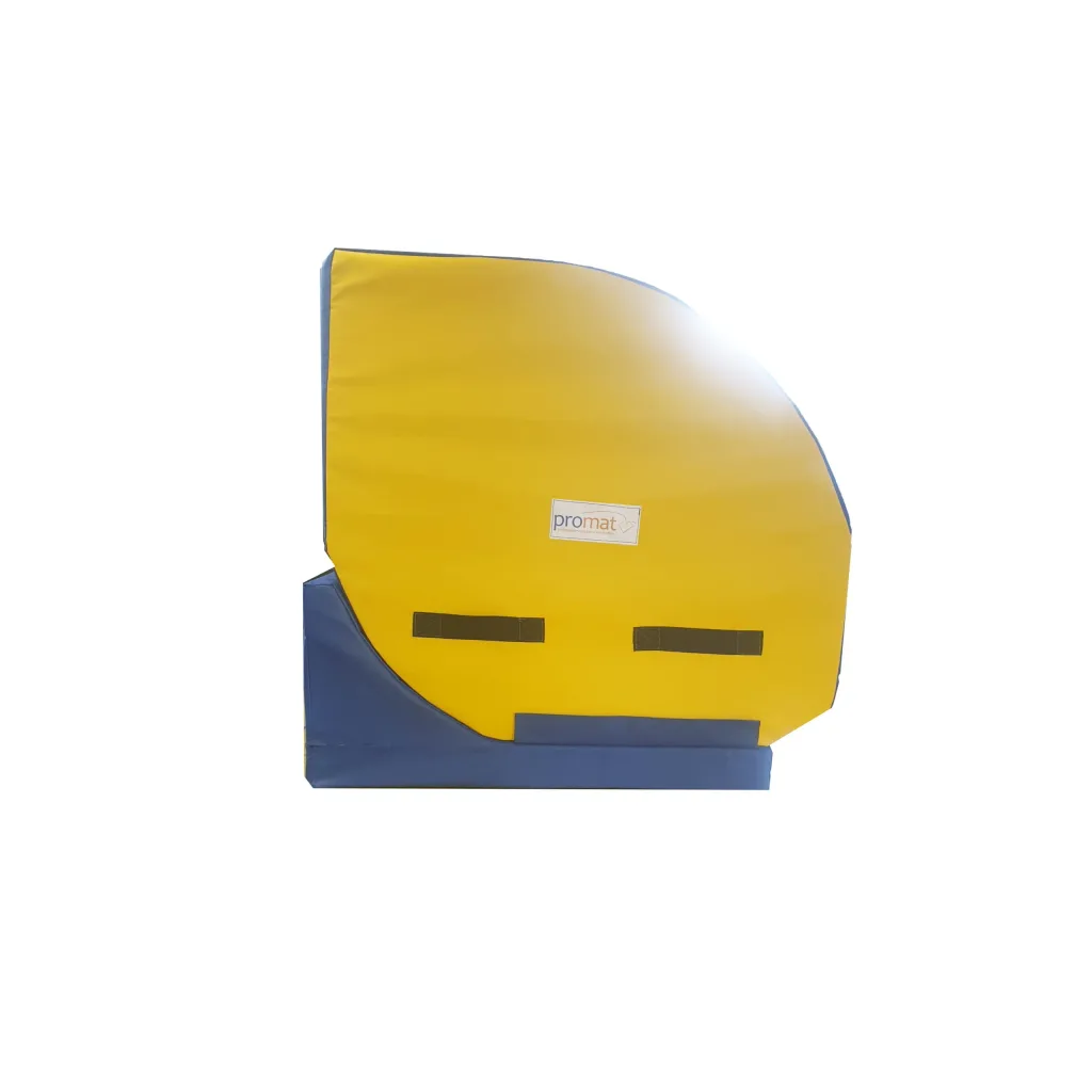 Yellow top tumbler with blue base, high-density PU foam and flame-retardant PVC cover, carry handles and label reading 'promat'.