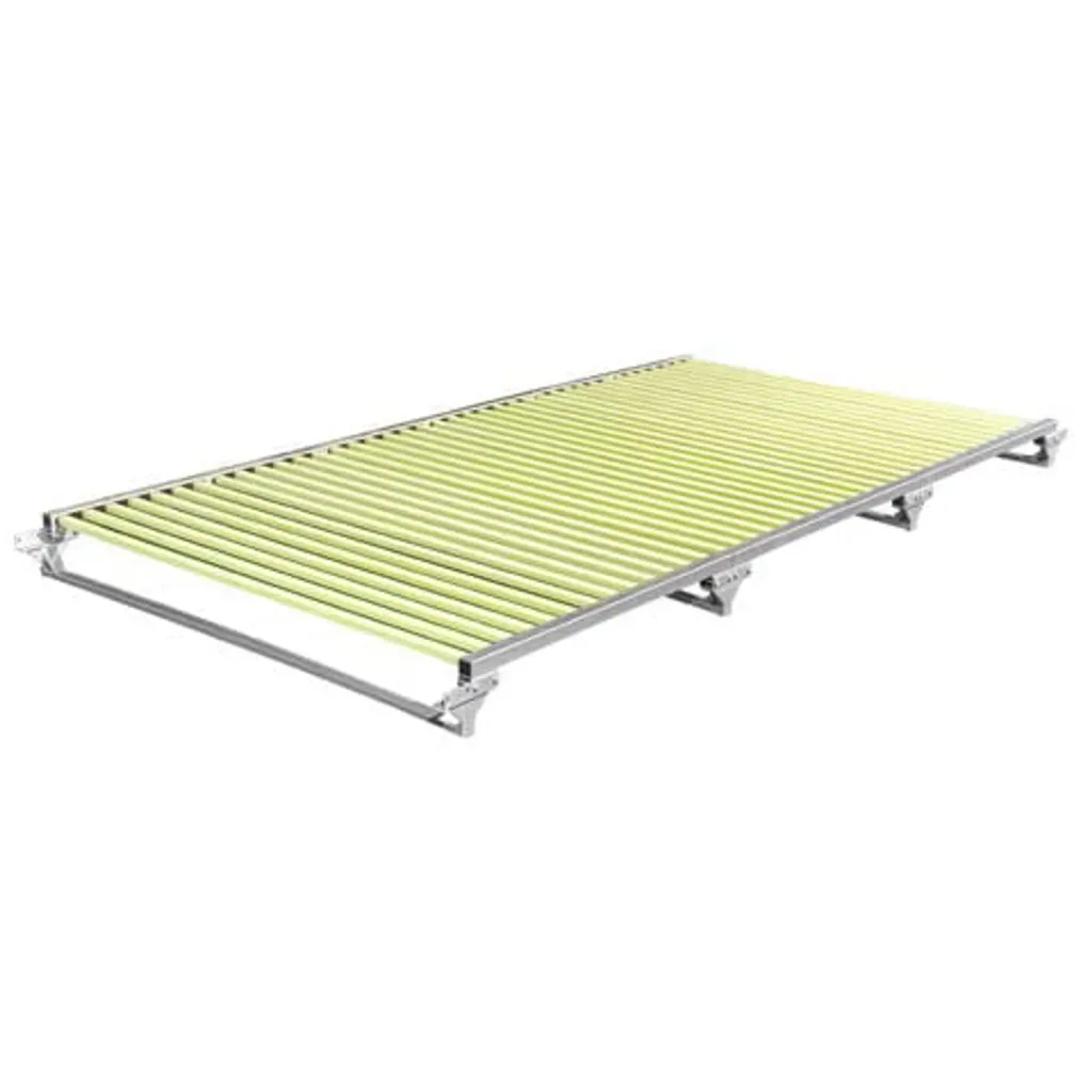 Long rectangular tumble track with parallel pale yellow padded ribs in a silver metal frame on triangular supports.