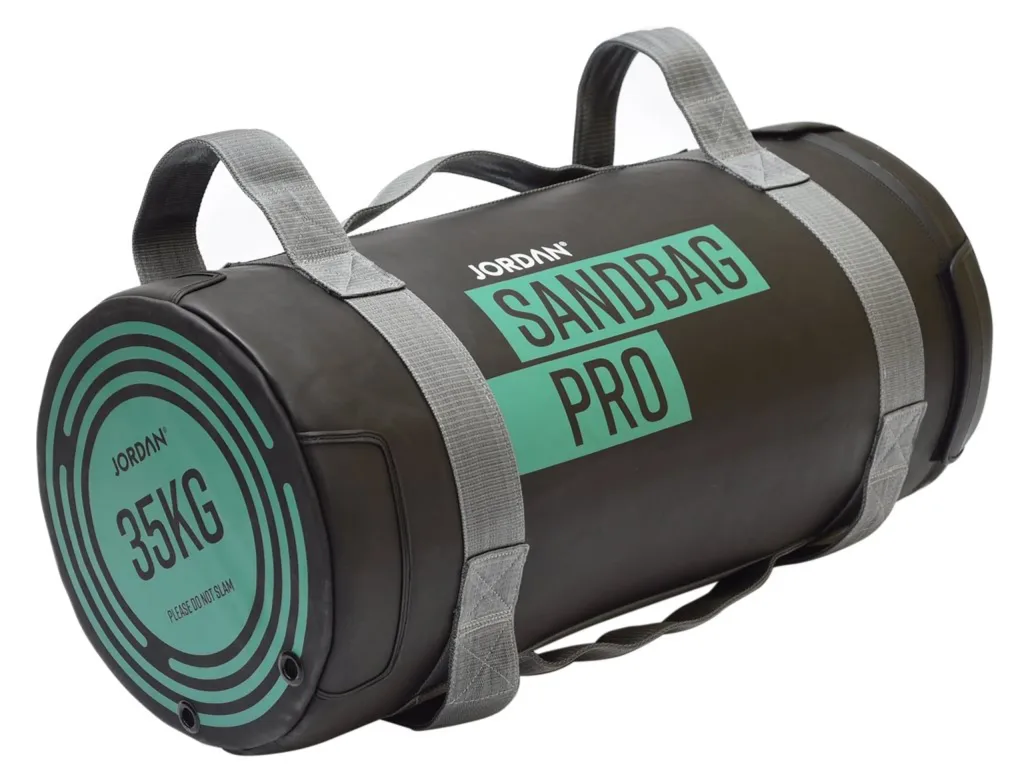 Black sandbag with gray handles and straps labeled SANDBAG PRO and 35KG, with small text PLEASE DO NOT SLAM.