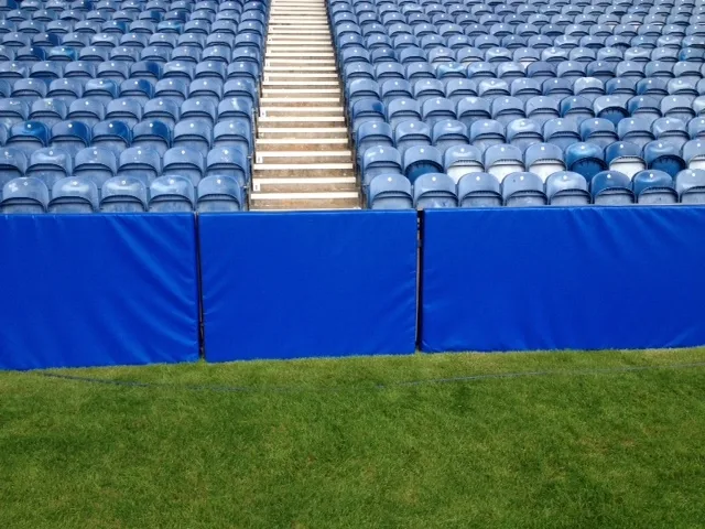 Blue sports pitch safety padding panels line the grass edge before rows of blue stadium seats with a central stairway.