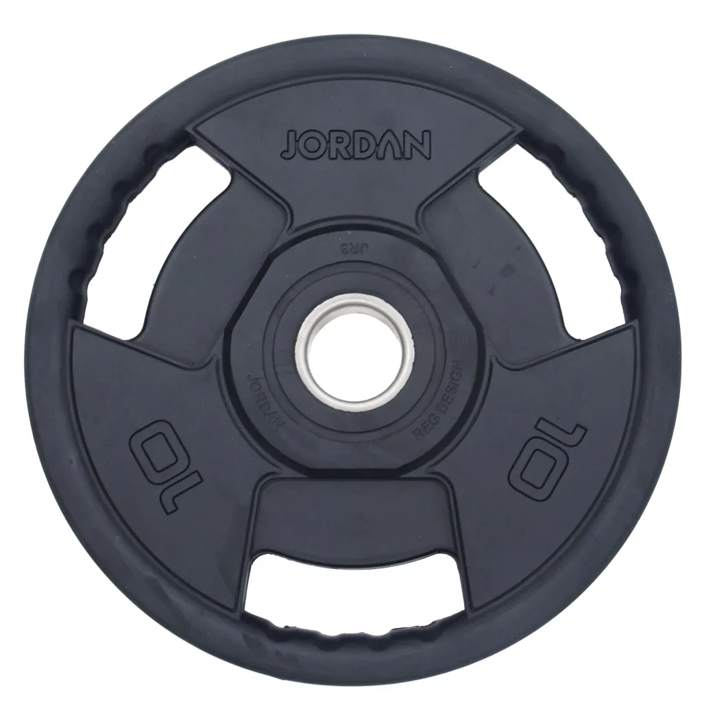 Rubber-coated cast-iron Olympic weight plate with three grip handles, central hole, and raised "10" markings.