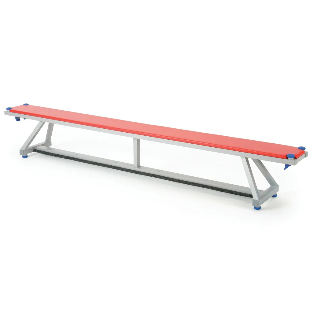 Aluminium bench with red upholstered top, blue rubber feet, and angled support legs.