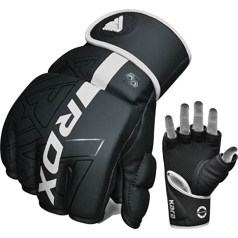 Black Convex Skin Maya Hide leather MMA grappling gloves, fingerless with padded knuckles and white RDX and kara text.
