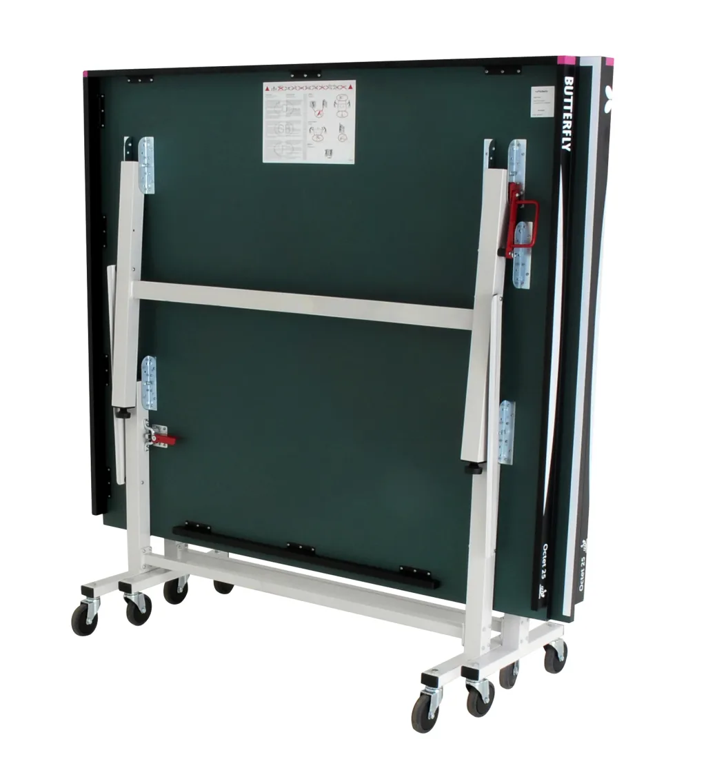 Folded Octet 25 table tennis table with green playing top, light silver undercarriage and magenta corner pieces on eight caster wheels.
