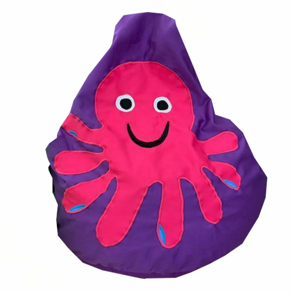 Purple bean bag with a large smiling pink octopus applique showing white eyes, a black smile, and small turquoise details on the tentacles.