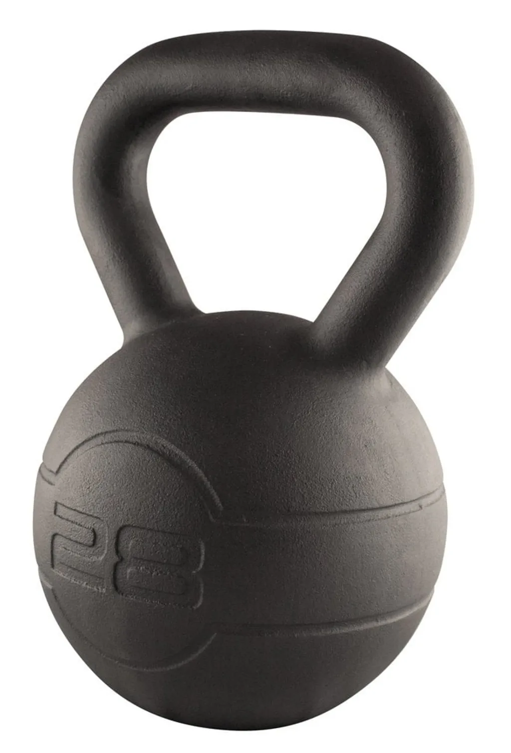 Cast iron kettlebell with matte coating, rounded body, wide handle, and embossed 28 on the front.