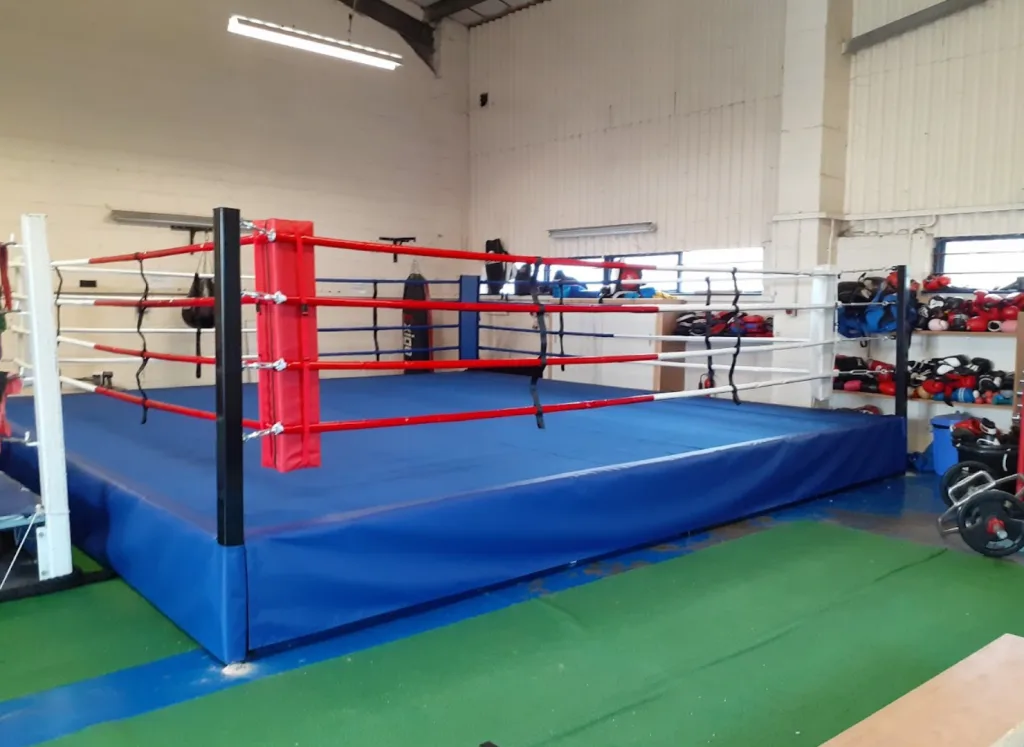 Platform training ring on a raised steel deck with four rope tiers and padded corners, set inside a gym with equipment along the walls.