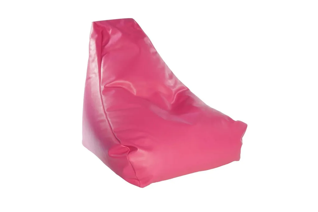 Pink faux leather child bean chair with added back support.
