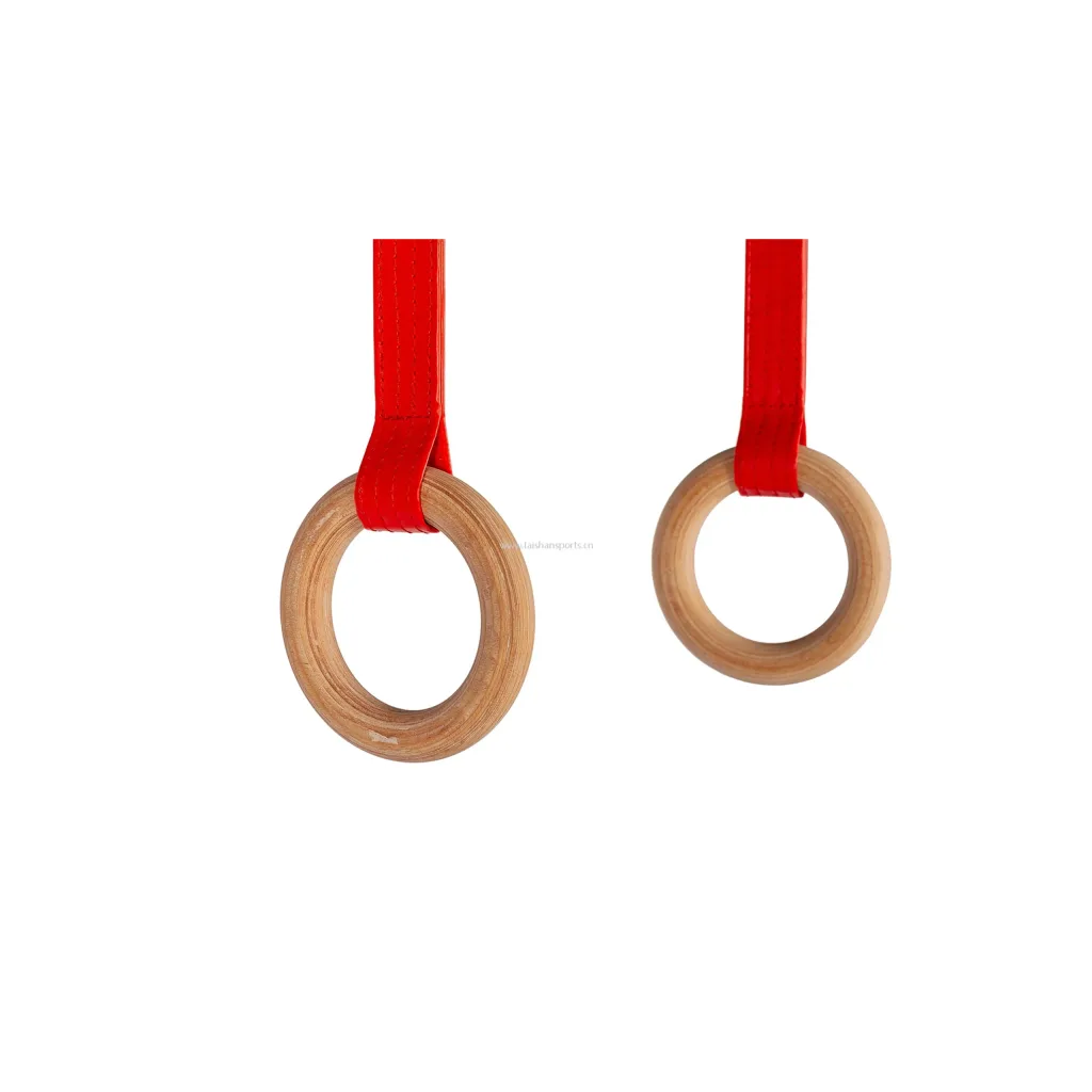 Two plywood gymnastics rings hanging from red straps on a white background.