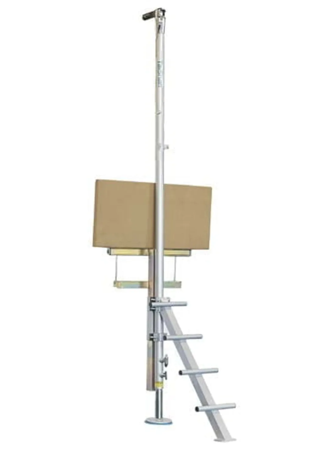 Adjustable access platform with tall vertical metal pole, padded rectangular step and angled ladder with four rungs.