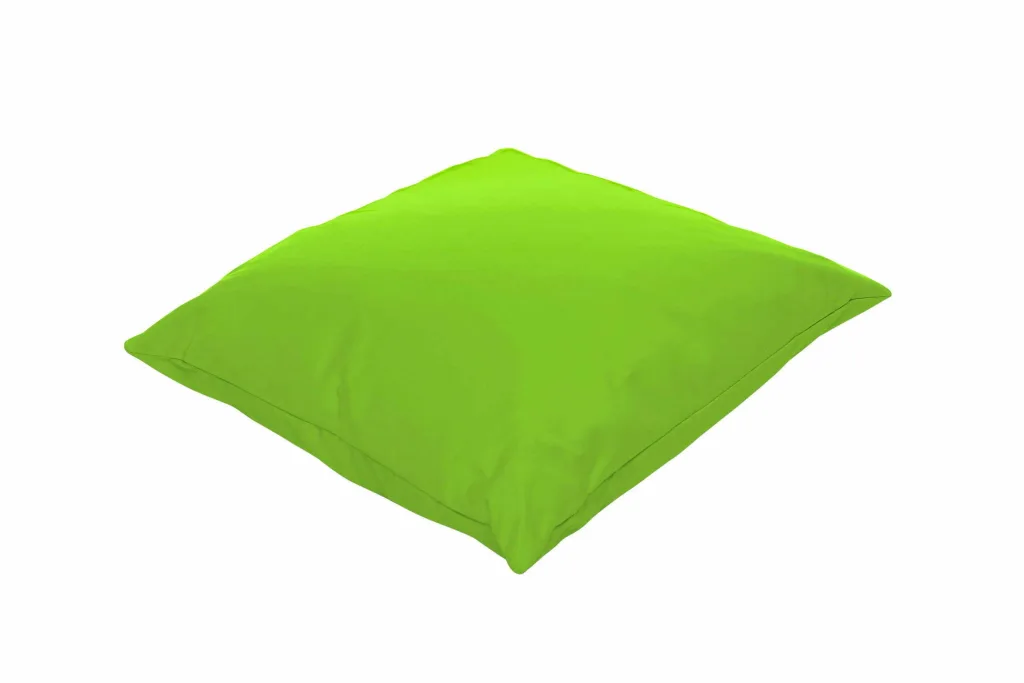 Bright green indoor/outdoor polyester child reading cushion with removable machine-washable cover and visible seam edges.