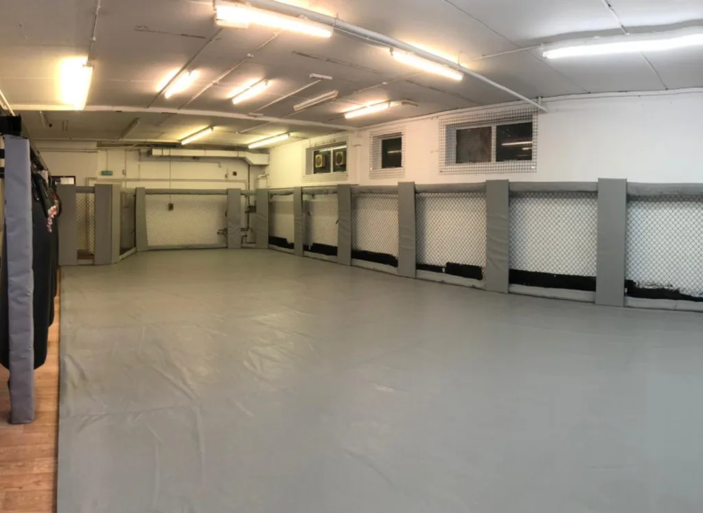 Steel cage walling with padded powder-coated panels and chain-link mesh enclosing an empty padded training area.