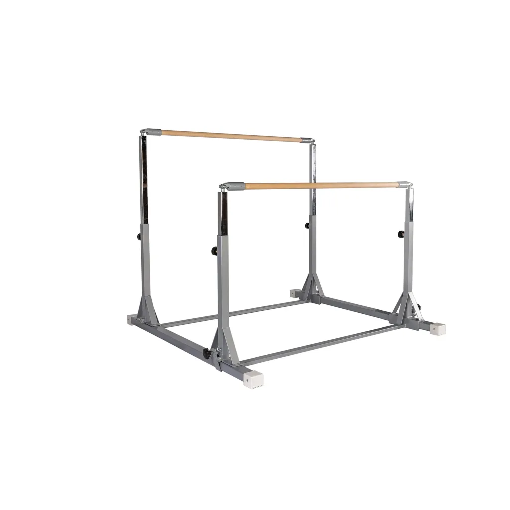 Children's uneven bars with a high-quality carbon steel frame, two adjustable horizontal bars and a rectangular base for stability.