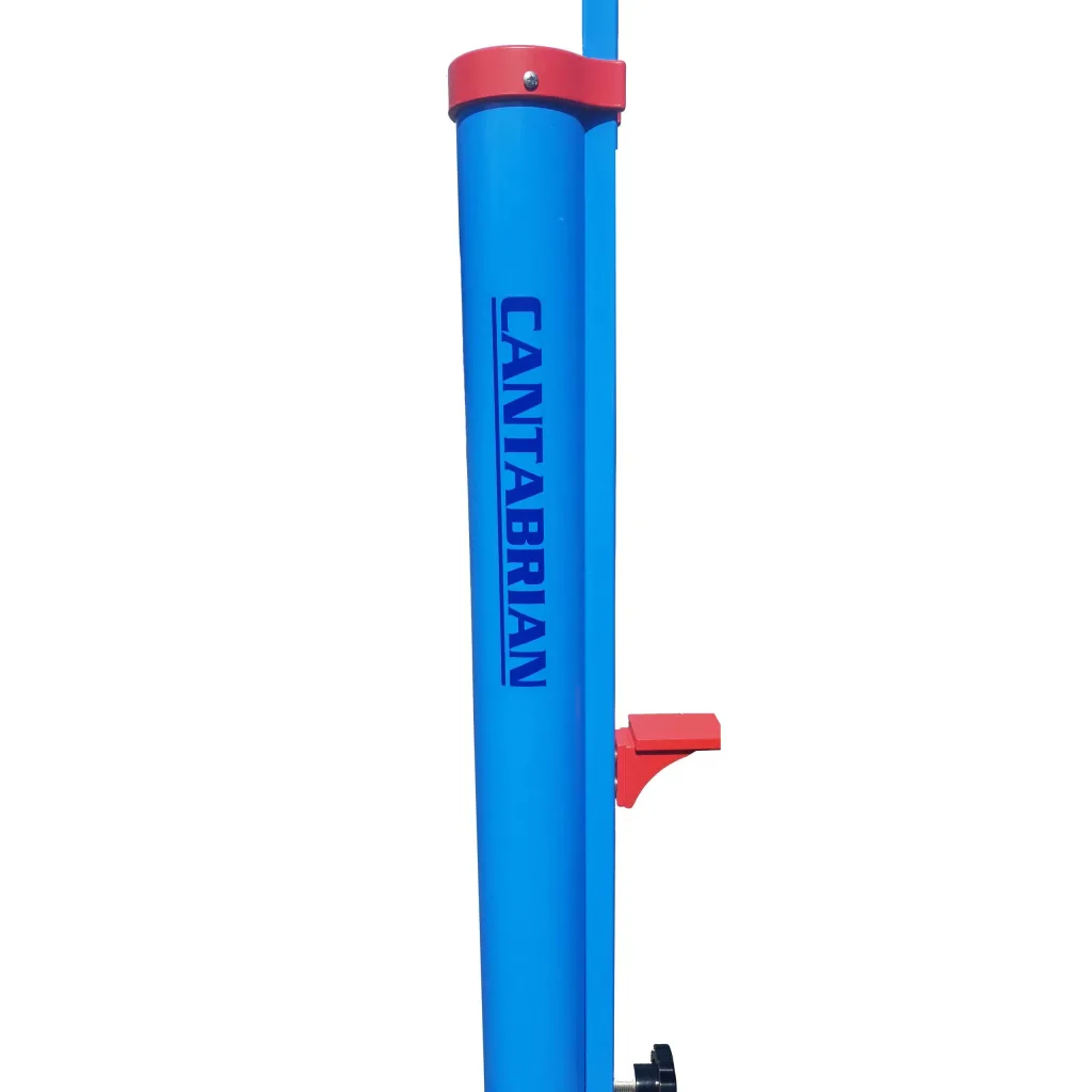 Extruded aluminium high jump upright with CANTABRIAN text, red bracket, and visible screw adjustment.
