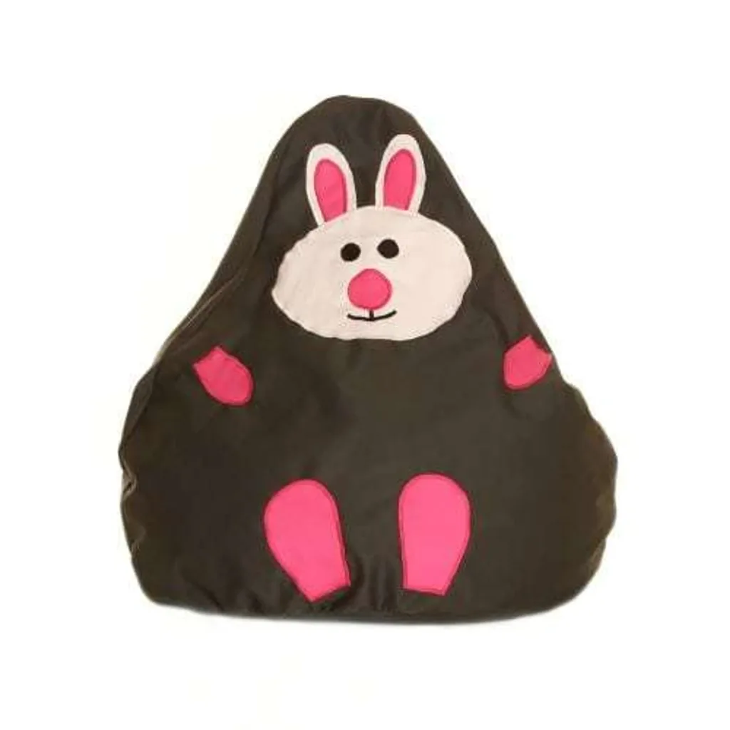 Dark brown bean bag shaped like a bunny with a white face and pink ears, nose, paws, and feet.