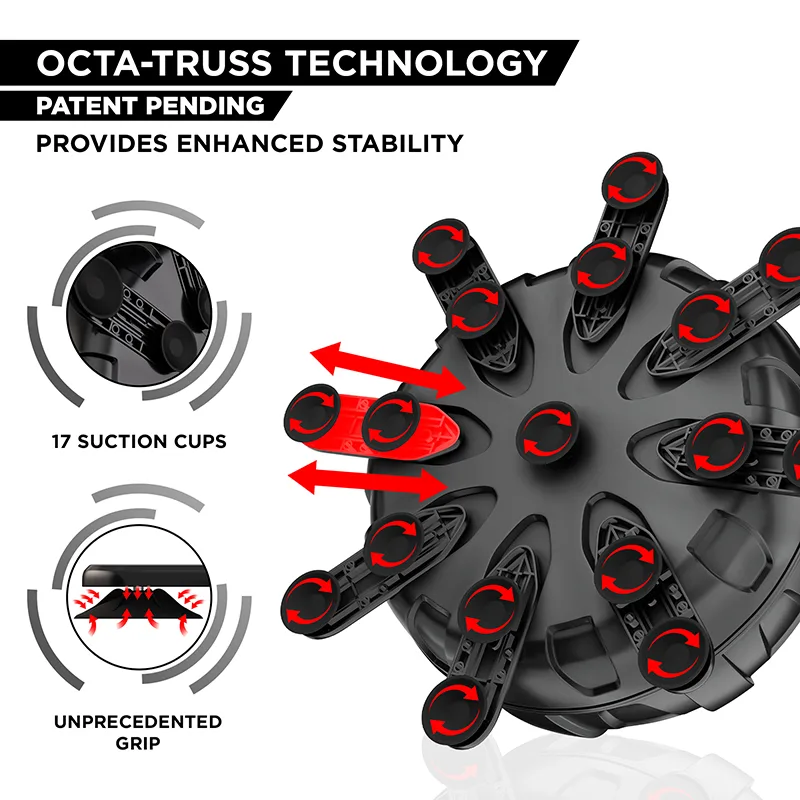 Base of black free-standing punch bag showing octa-truss arms with red arrow indicators and suction cups, with text 'OCTA-TRUSS TECHNOLOGY', 'PATENT PENDING', 'PROVIDES ENHANCED STABILITY', '17 SUCTION CUPS', 'UNPRECEDENTED GRIP'.