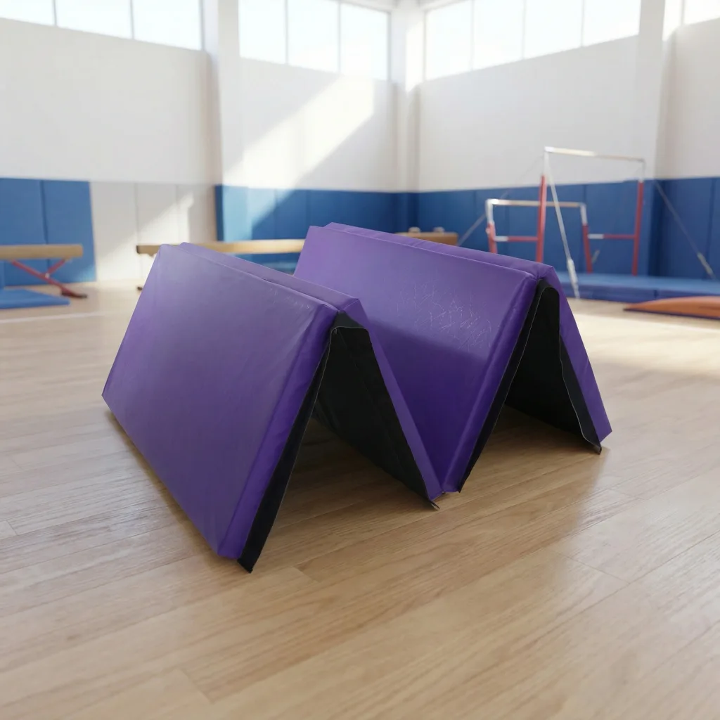 Purple 4-way folding mat with heavy-duty PVC cover, carry handles, and black underside folded into a zigzag on a wooden gym floor.