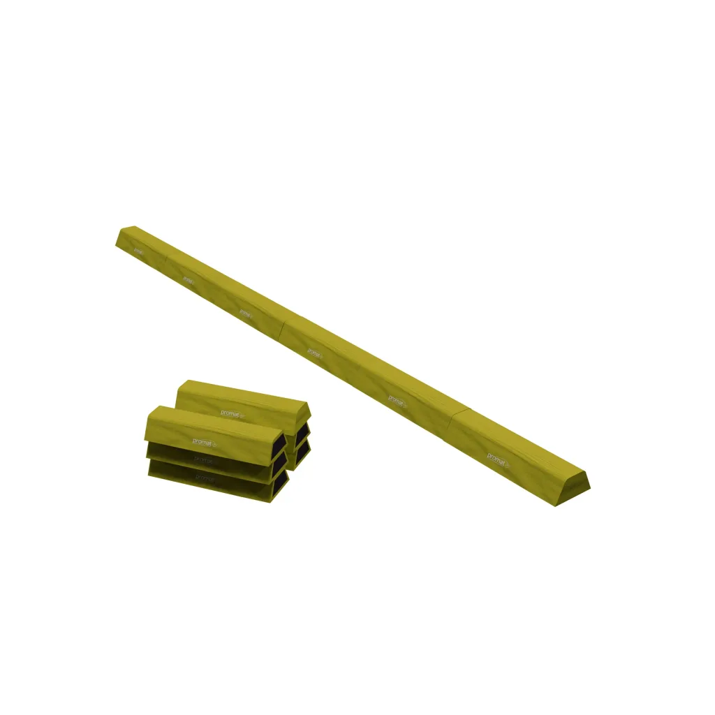 Olive-green segmented PE foam balance beam in six joined sections with three spare segments stacked beside, covered in heavy-duty flame-retardant PVC.