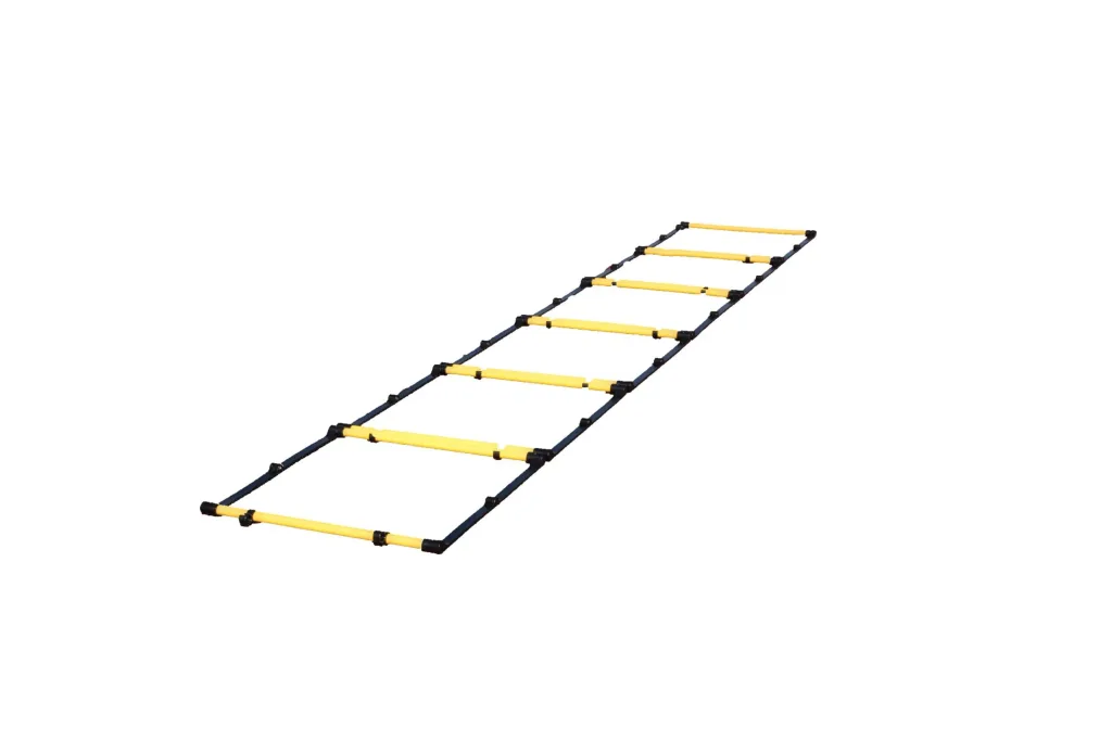 Pack of six yellow and black agility hurdles linked to form a ladder on a white background.