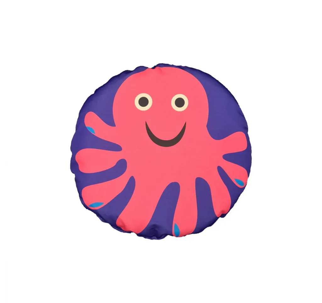 Round fibre-filled child scatter cushion featuring a smiling pink octopus on a purple background.