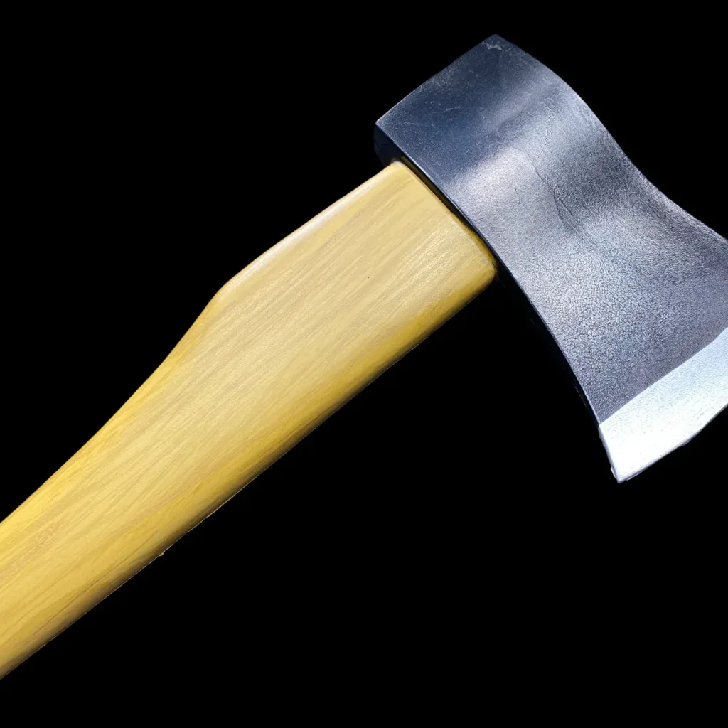 Long Axe training prop showing a pale yellow PU foam handle fitted into a dark grey foam axe head against a black background.