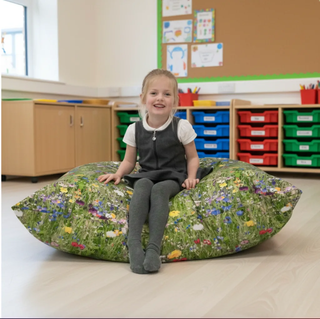 Girl sitting on a nature-print large floor cushion with green wildflowers in a classroom.