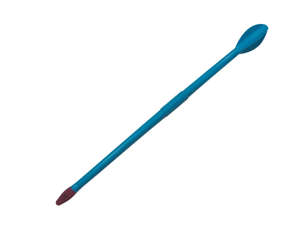 Blue javelin with ribbed grip, maroon rubber tip, and spoon-shaped tail, shown diagonally on a white background.