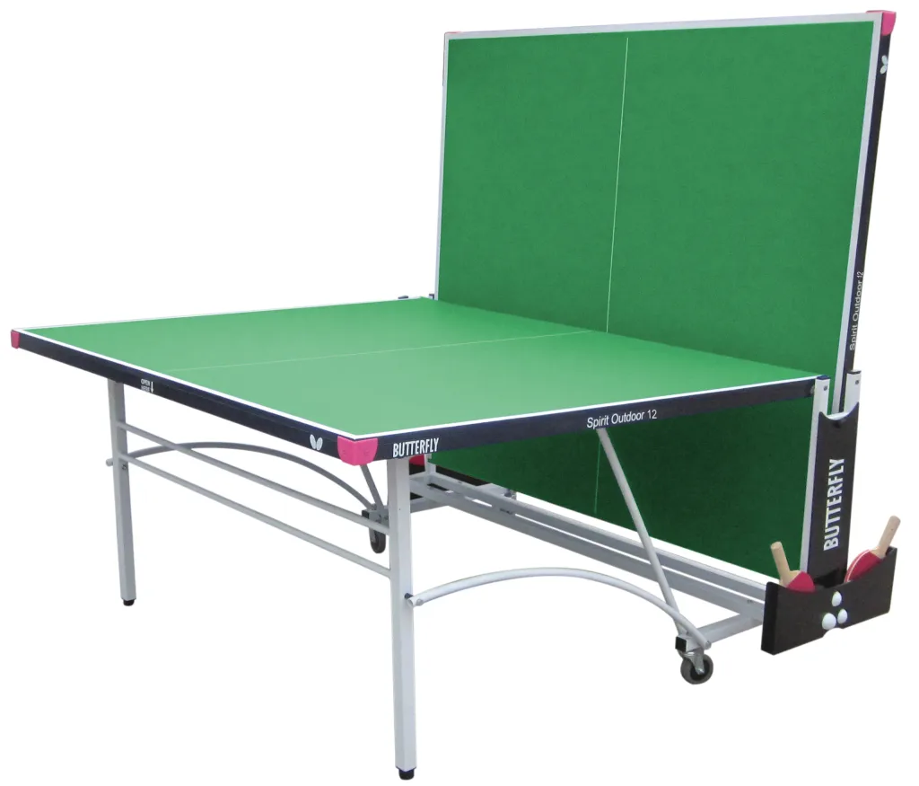 Spirit 12 Outdoor rollaway table with green top, one half folded upright, light silver legs, magenta corners, and a bat-and-ball holder.