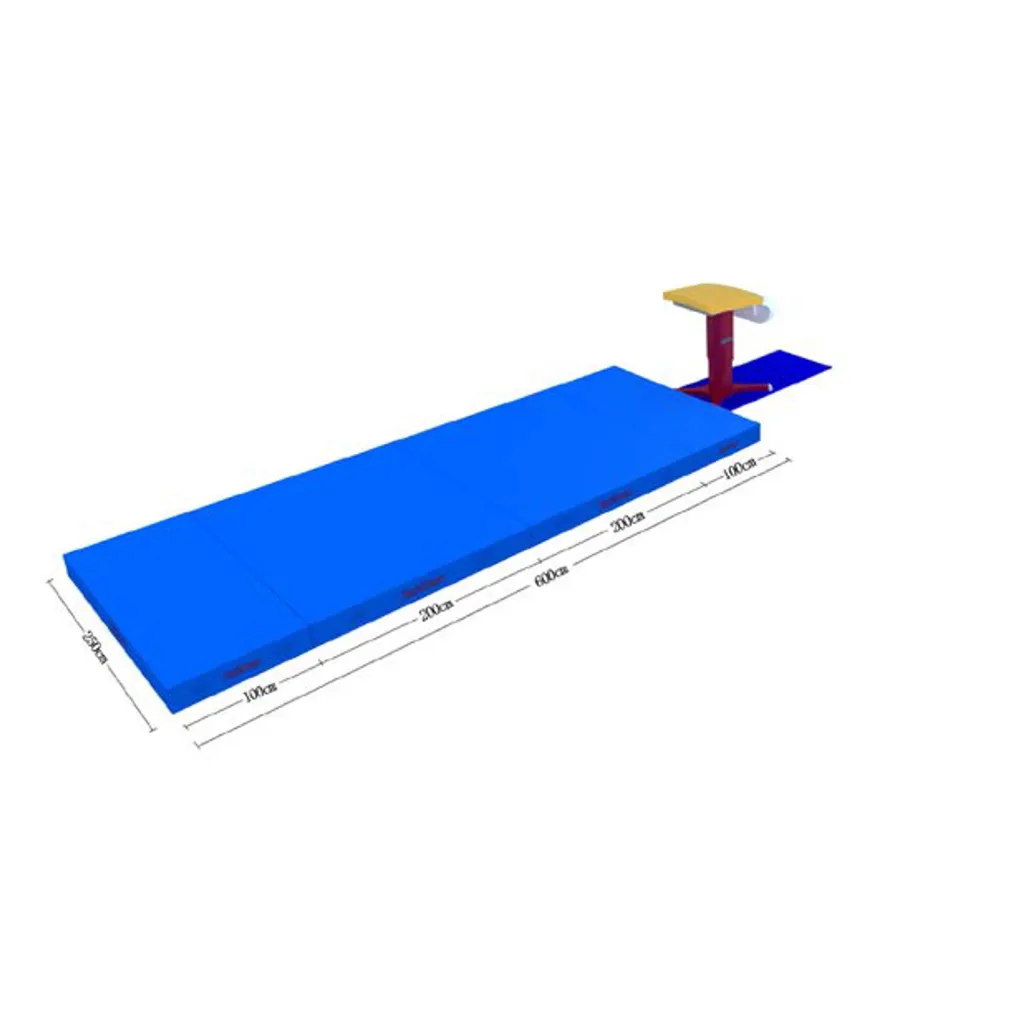 Large competition landing mat made of several rectangular foam sections arranged end-to-end beside a balance beam.