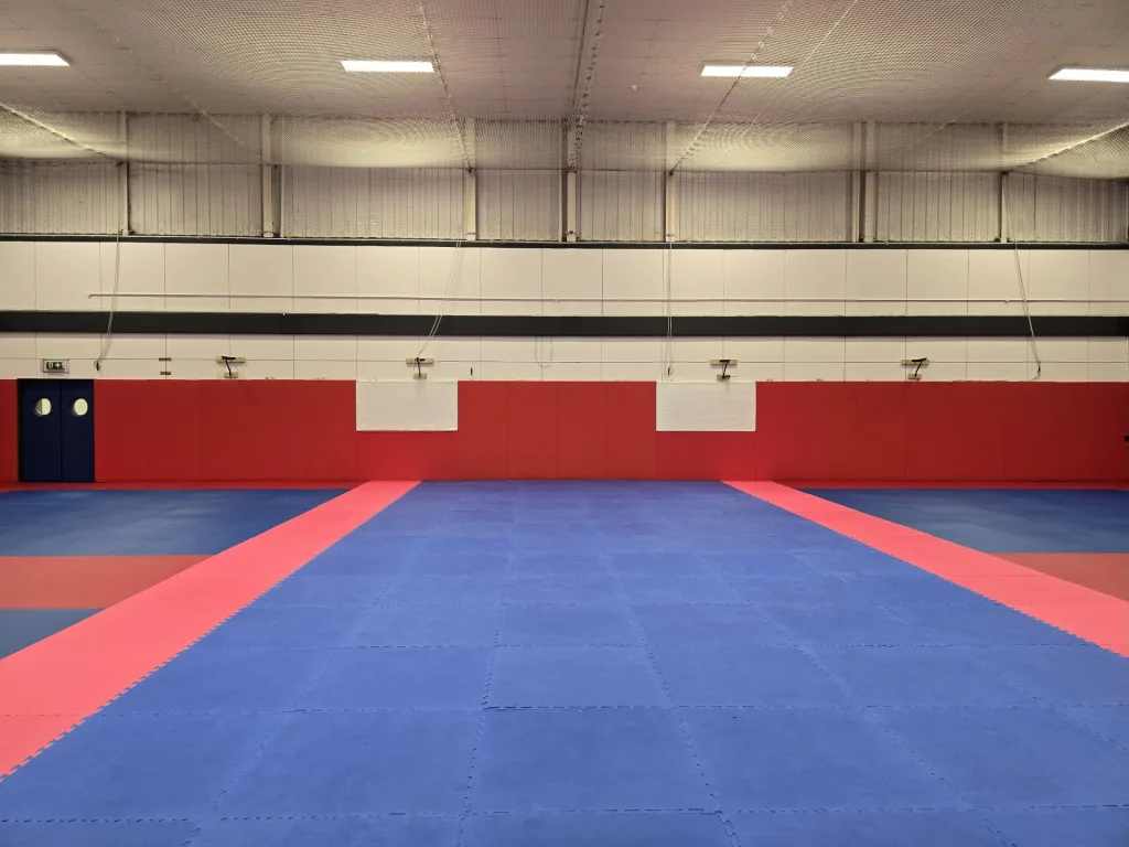 Blue interlocking jigsaw mats with red lane borders covering a martial arts hall, red wall padding across the back and blue double doors at left.