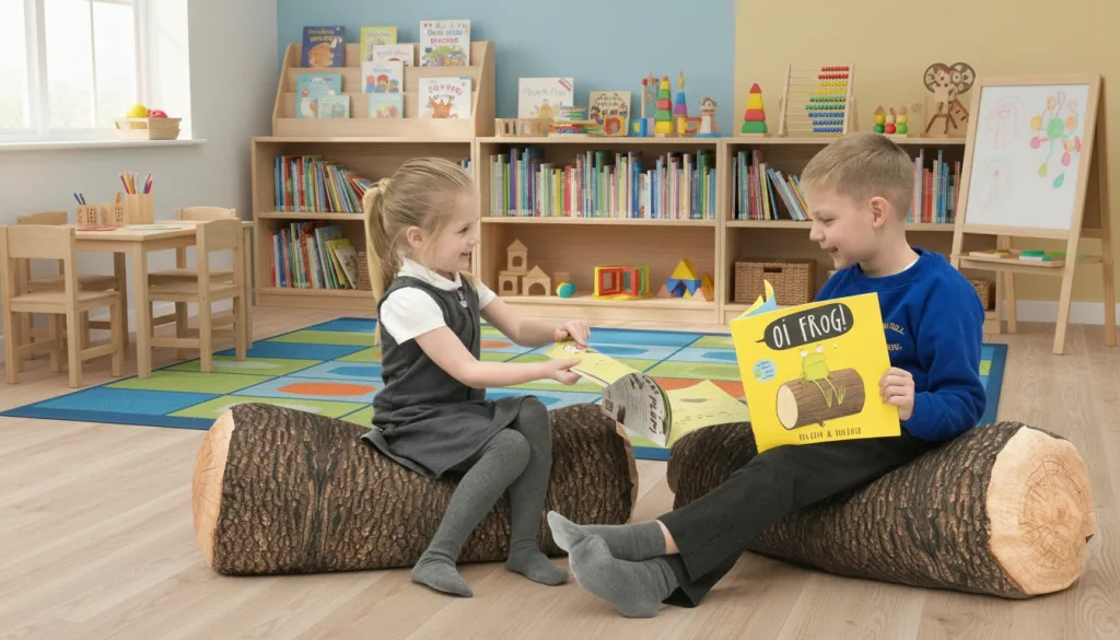 Two log-shaped cushions with bark print used as seats in a bright children's classroom, one child reading a book titled OI FROG!.