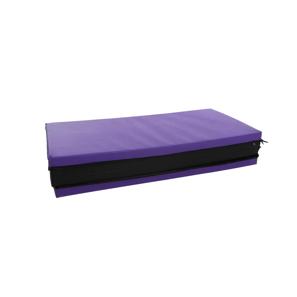 Purple three-panel fold with a black middle panel and heavy-duty PVC cover, lying flat with a zipper and carrying handles visible.