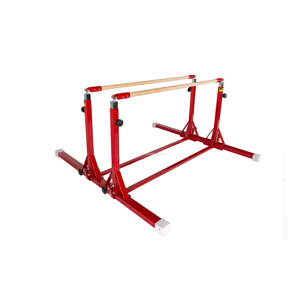 Kids parallel bars with maple-wrapped rails set on a carbon steel base with adjustable uprights and non-marking feet.