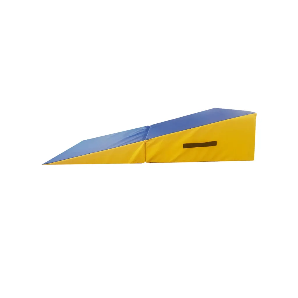 Foldable inclined wedge mat with blue top and yellow sides folded at the center, showing a black handle on the side.