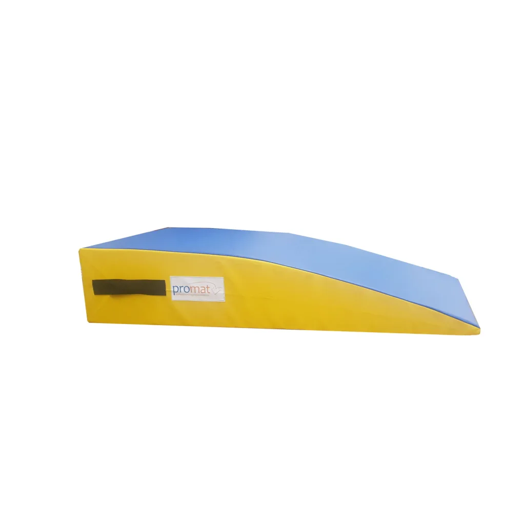 Large foam wedge springboard with blue top and bottom, yellow sides, and a black carrying handle on the side.