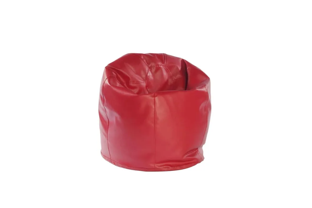 Red faux leather child bean bag with anti-bacterial 100% PVC wipe-clean cover, stitched panels and scooped seating.
