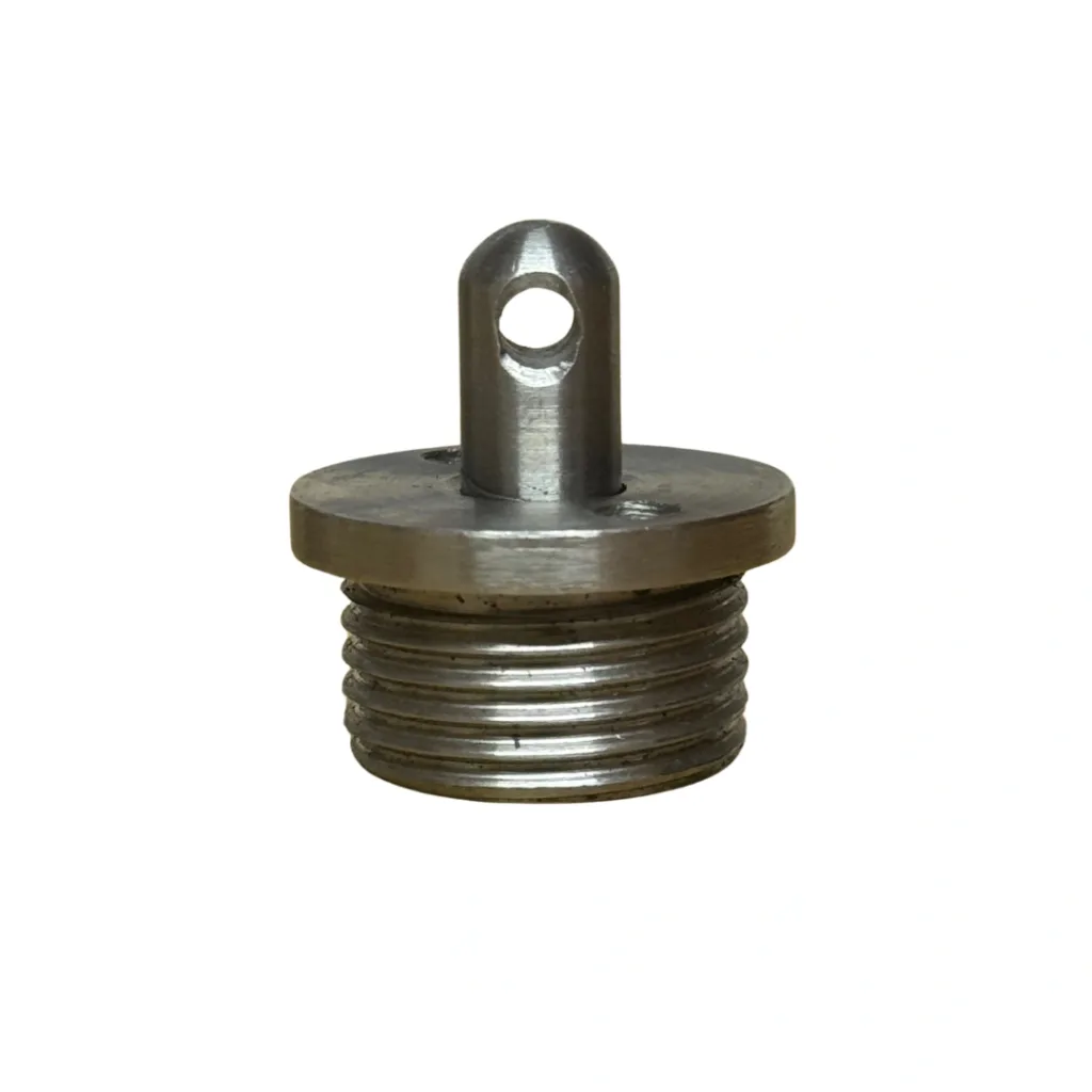 Stainless steel hammer swivel with threaded cylindrical base, flat flange, and vertical eyelet featuring a circular hole.