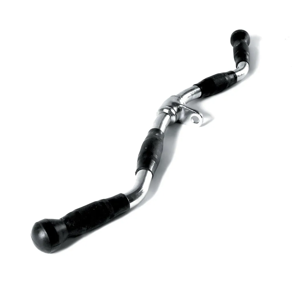 Curved chrome cable attachment bar with three textured black rubber grips and a central pivoting bracket.