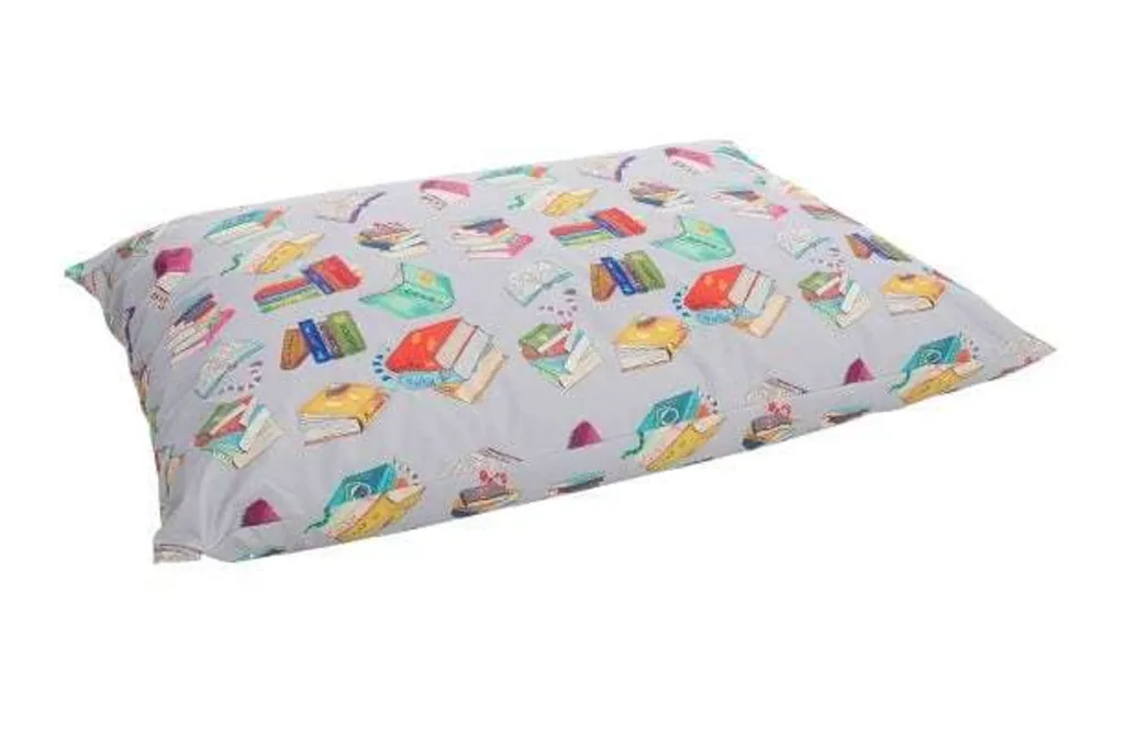Large child floor cushion with educational book print, wipe-clean removable cover, polybead filling and flame-retardant materials.