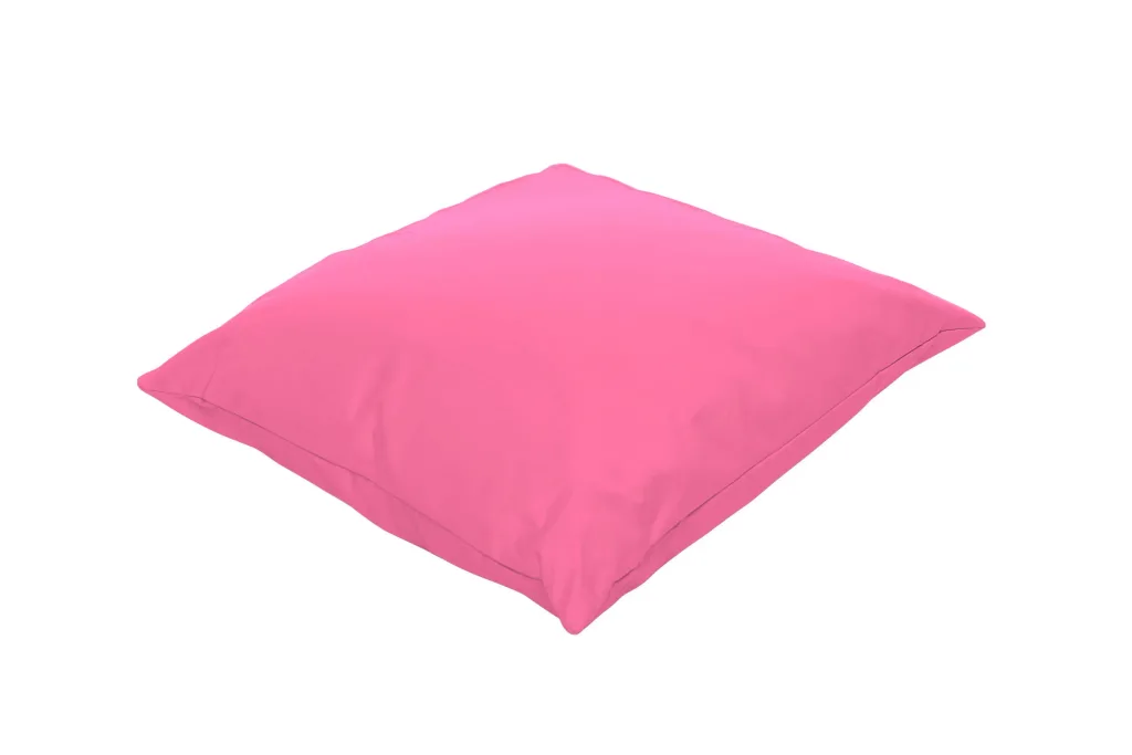 Pink square cotton reading cushion with removable cover, shown plump on a white background.