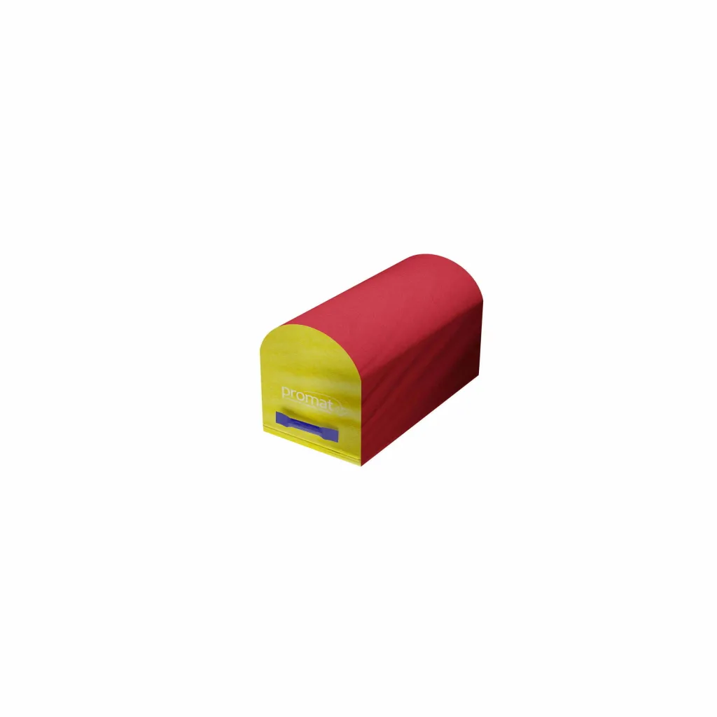 Red mailbox-shaped gymnastics trainer with a yellow rounded end, blue carry handle, white printed text, high-density PU foam core and flame-retardant PVC cover.
