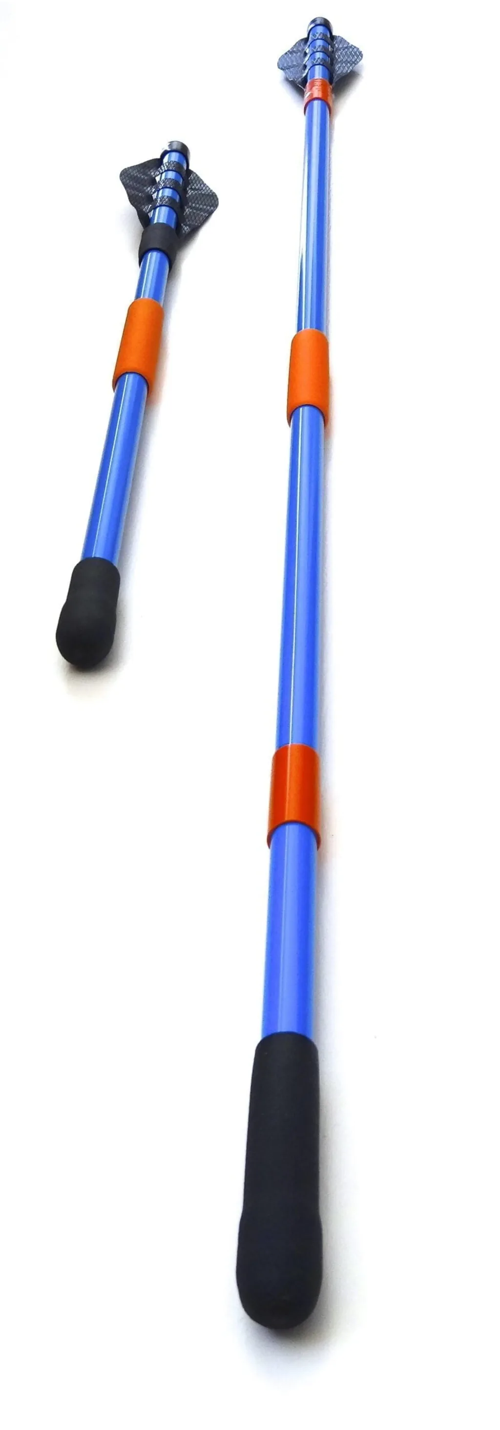Two blue training javelins, one full-length and one half-size, lie diagonally on a white background with orange center grips and black rubber tips and handles.