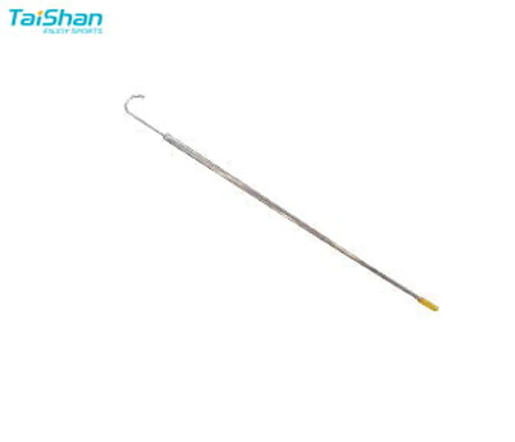 Taishan logo and a stainless steel ring hook with a curved end and yellow tip on a white background.