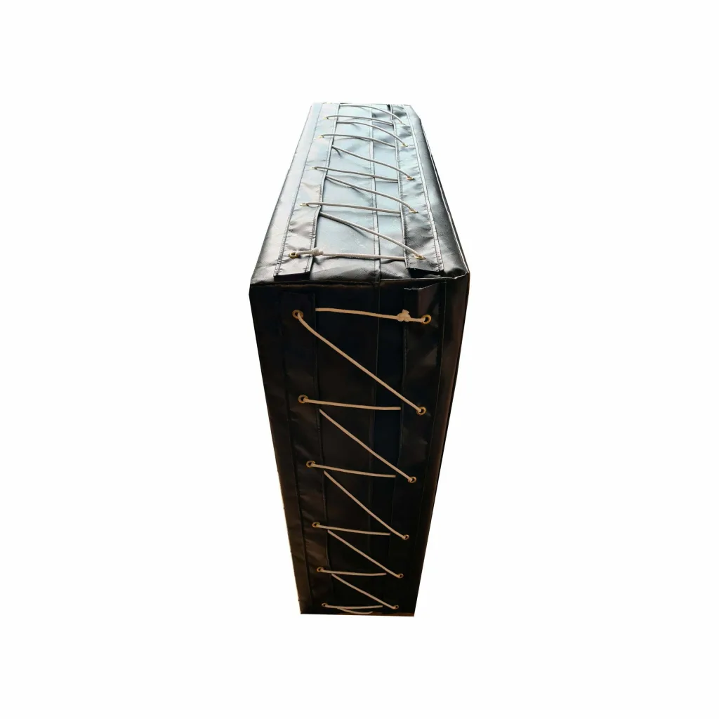 Rectangular keg mat with heavy-duty fire-retardant PVC cover, dual-density foam core, and laced eyelets along the top and side.