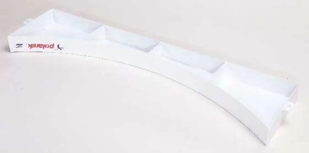 Curved stainless steel powder-coated toe board with four reinforced ribs and two fastening bolt holes.